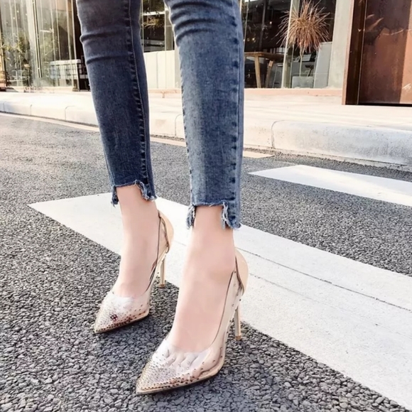NWT Hollywood Champagne Crystal Encrusted Nude High Heels Pumps Shoes - Picture 4 of 9